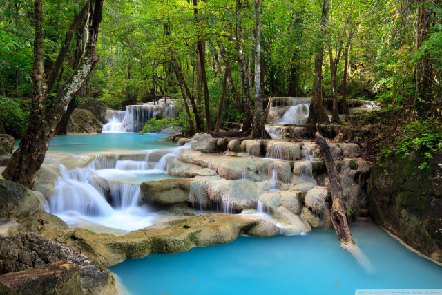 Waterfall forest bluewater rocks treetrunk free wallpaper - medium preview image