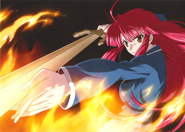 Woman red hair sword fire free wallpaper - medium preview image