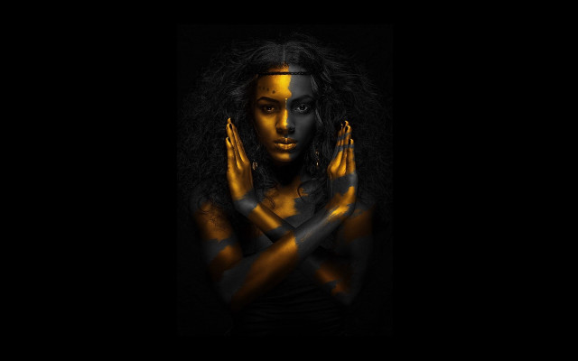 Woman hands face yellow stripes free wallpaper - medium preview image