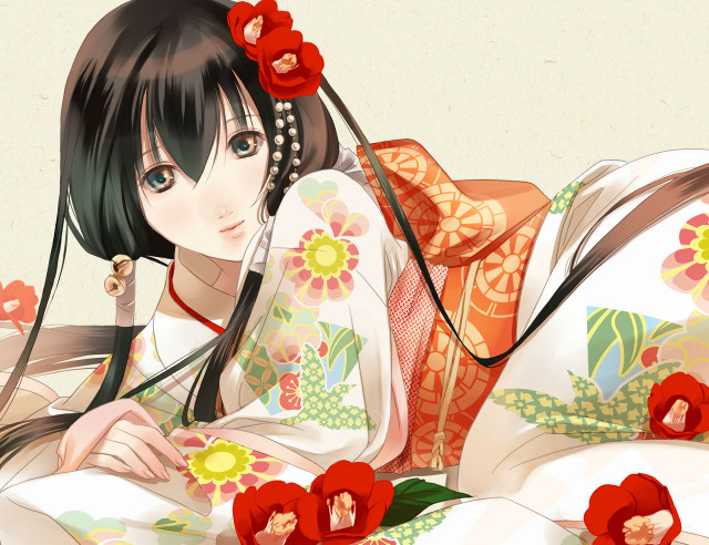 Woman kimono bed flowers hair free wallpaper - medium preview image