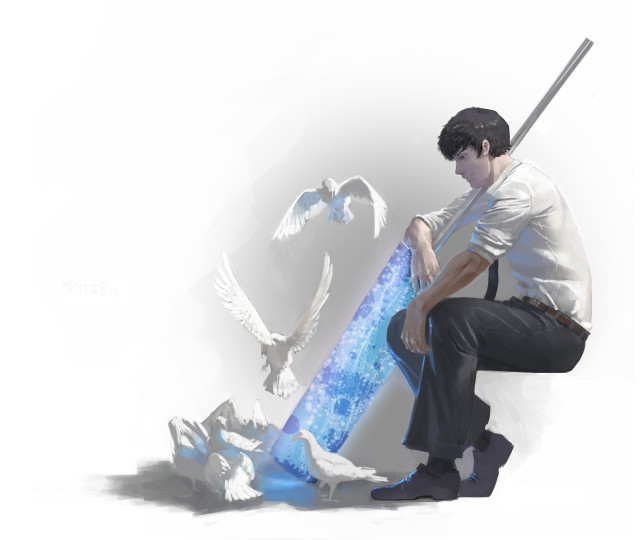Man sitting ledge sword birds free wallpaper - medium preview image