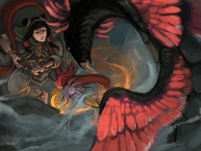 Woman sword bird sky clouds free wallpaper - medium preview image
