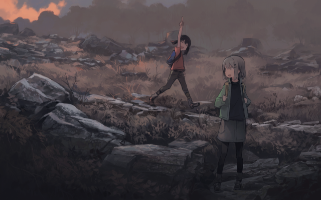 Couple people rocky hillside forest free wallpaper - medium preview image