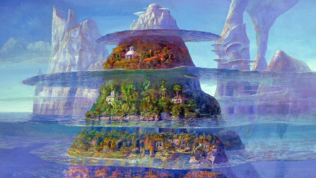 Floating island ocean trees people free wallpaper - medium preview image