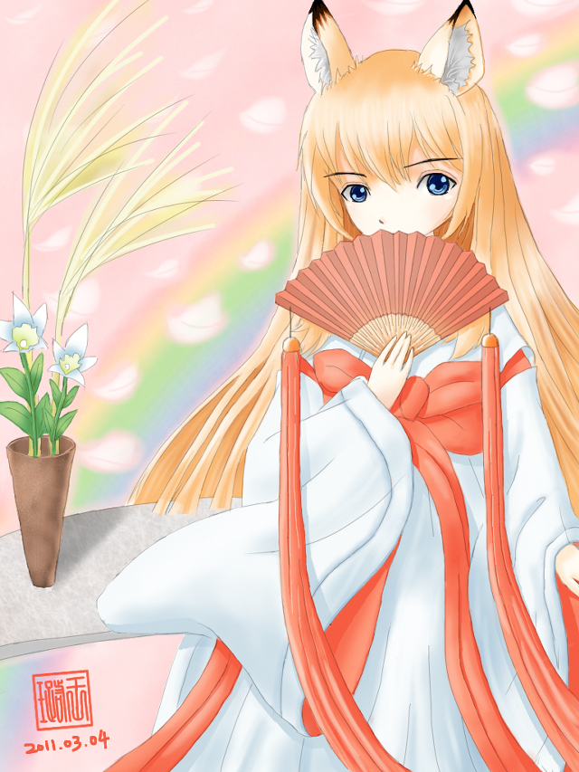 Girl long hair fan flower free wallpaper - medium preview image