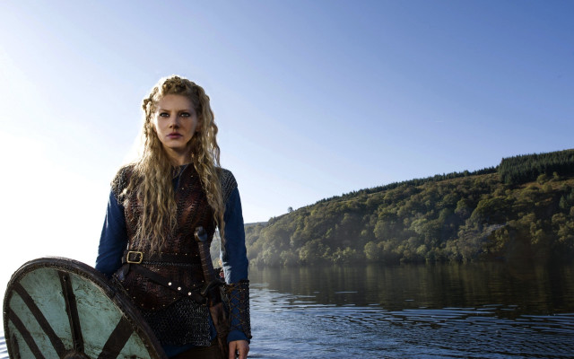 Medieval woman shield boat lake free wallpaper - medium preview image