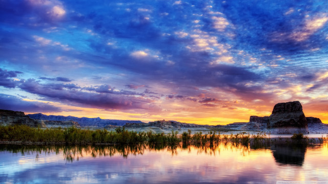 Sunset lake mountains clouds sky free wallpaper - medium preview image
