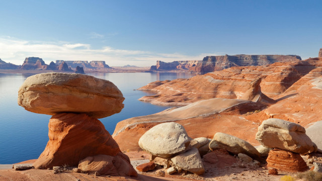 Rock formation lake mountains cliffs free wallpaper - medium preview image