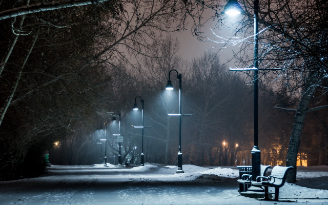 Park bench snowy sidewalk night free wallpaper - medium preview image
