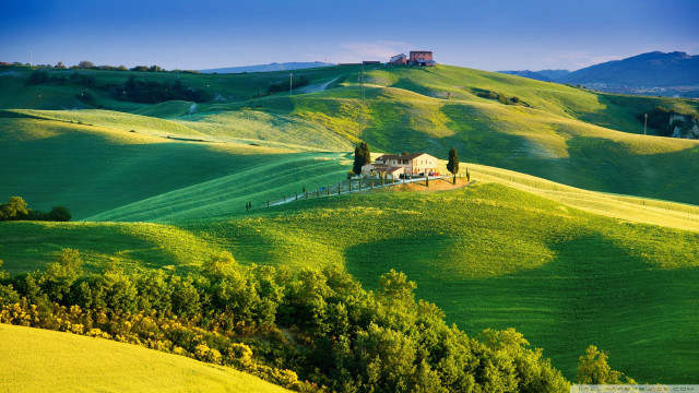 Green hillside house trees foreground free wallpaper - medium preview image