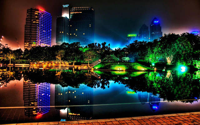 City skyline lake trees nighttime #7 free wallpaper - medium preview image