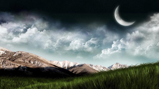 Grassy field crescent moon mountain free wallpaper - medium preview image