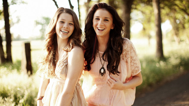 Women smiling forest trees grass free wallpaper - medium preview image