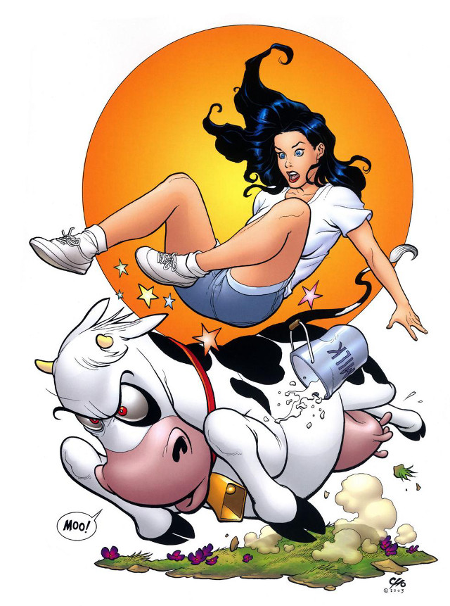 Cartoon woman riding cow with free wallpaper - medium preview image