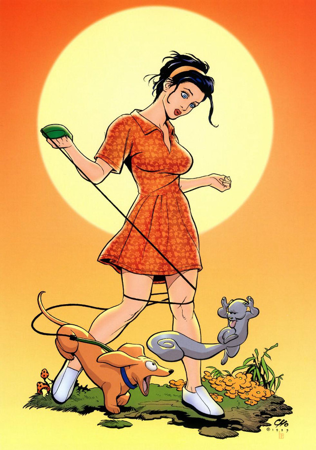 Woman dress walking dog leash free wallpaper - medium preview image