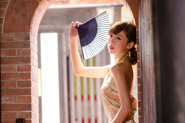 Woman dress fan doorway brick free wallpaper - medium preview image