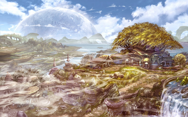 House island waterfall background painting free wallpaper - medium preview image