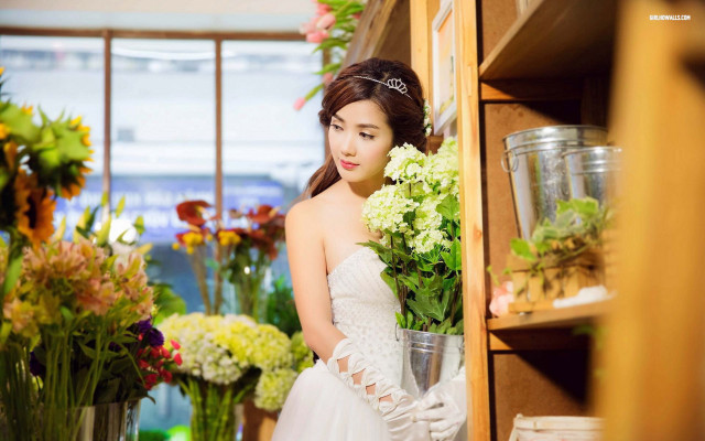 Woman white dress vase flowers free wallpaper - medium preview image