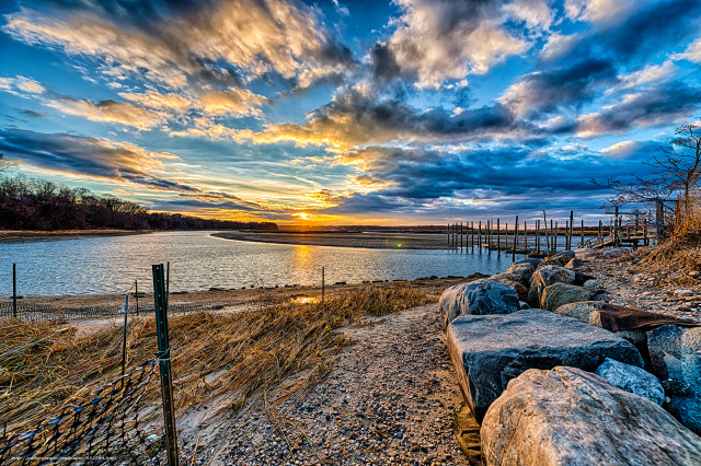 Sunset lake dock fence cloudy free wallpaper - medium preview image