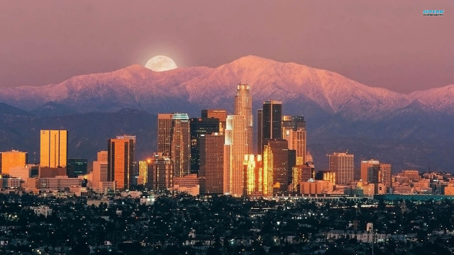 City fullmoon mountains pinksky purple free wallpaper - medium preview image