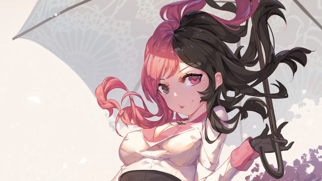 Woman pink hair umbrella rain free wallpaper - medium preview image