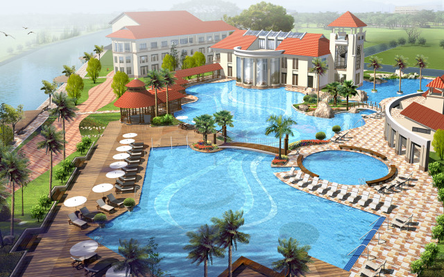 Large resort pool building palm free wallpaper - medium preview image