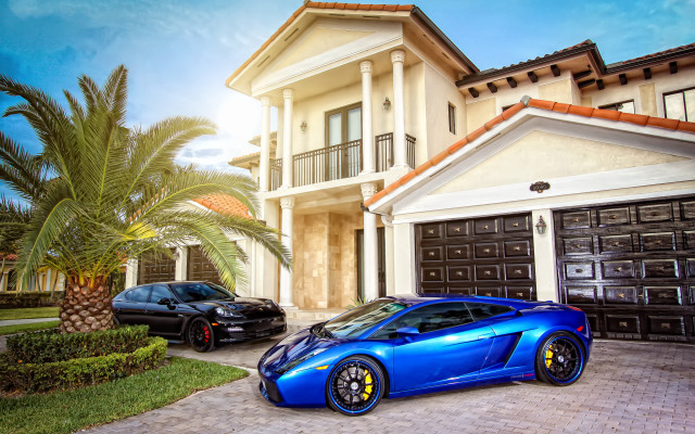 Blue sports car house parking free wallpaper - medium preview image