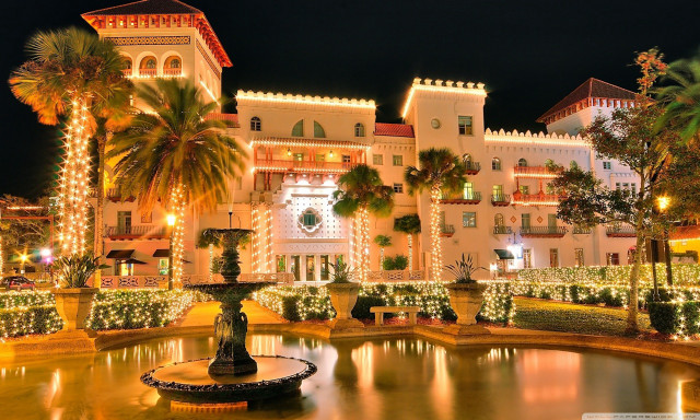 Large building fountain nighttime lights #2 free wallpaper - medium preview image