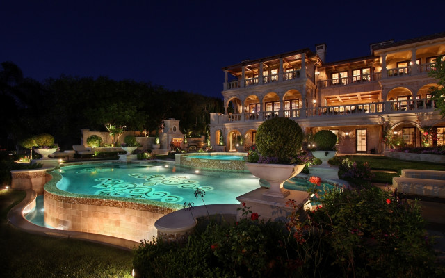Mansion night pool lights fountain free wallpaper - medium preview image