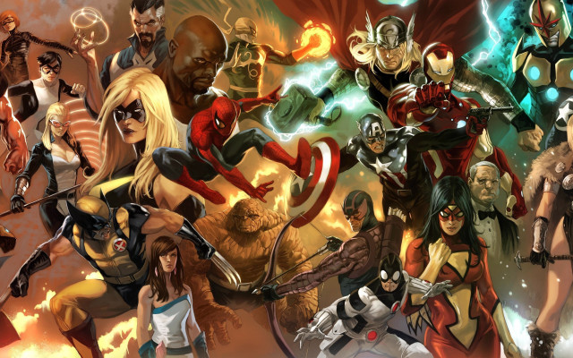 Avengers characters fire background caption free wallpaper - medium preview image