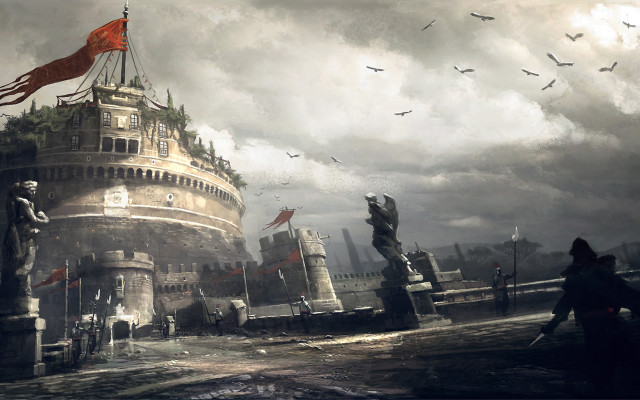 Castle flag birds man bridge free wallpaper - medium preview image