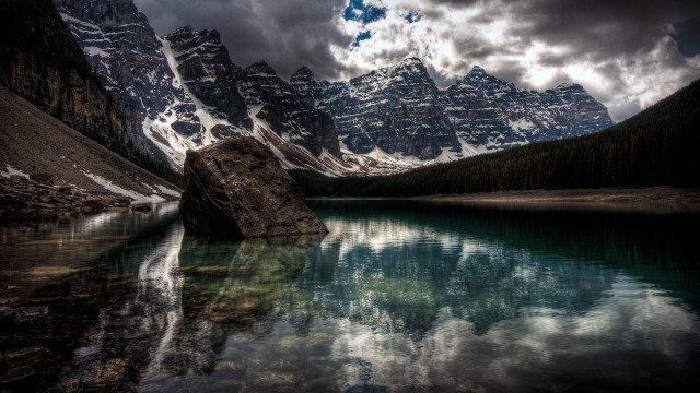Mountain lake rock cloudy sky free wallpaper - medium preview image