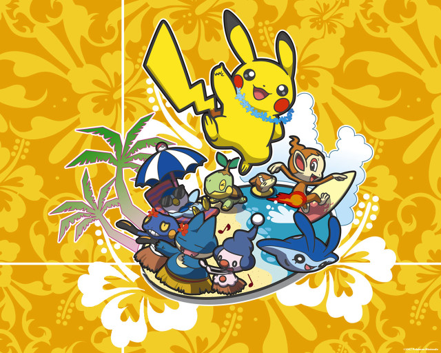 Group surfing yellow background pikachu free wallpaper - medium preview image