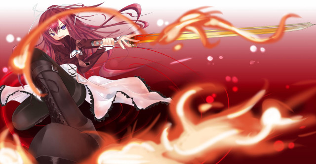 Woman sword red background flame #2 free wallpaper - medium preview image