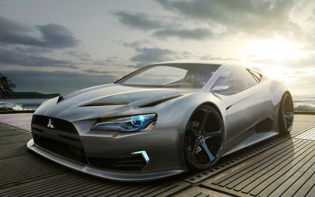 Silver sports car ocean sunset free wallpaper - medium preview image
