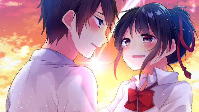 Anime couple sunset sky clouds free wallpaper - medium preview image