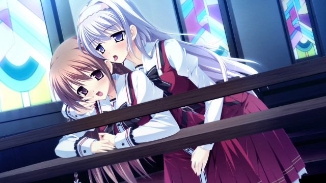 Anime girls hugging stained glass free wallpaper - medium preview image