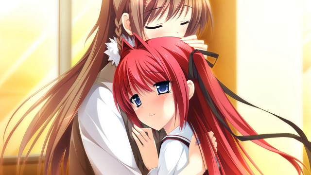 Anime girls hugging long hair #2 free wallpaper for desktop - medium preview image