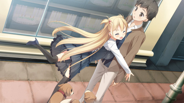 Anime characters sidewalk dog couple free wallpaper - medium preview image