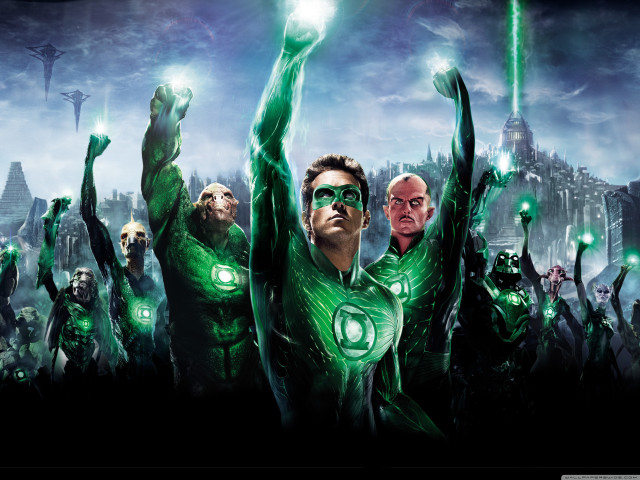 Green costumed heroes glowing lights free wallpaper - medium preview image