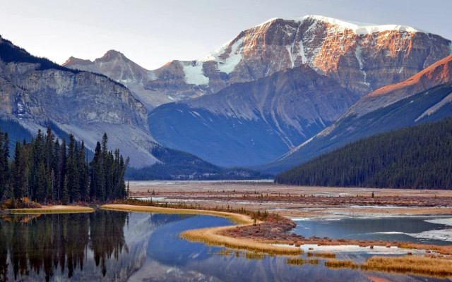 Mountain range lake forest snow free wallpaper - medium preview image