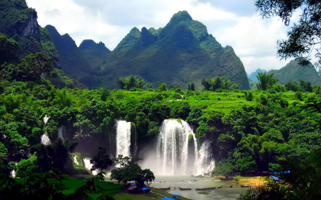 Waterfall forest mountains lake nature free wallpaper - medium preview image