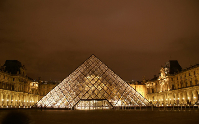 Glass pyramid building lights clock free wallpaper - medium preview image