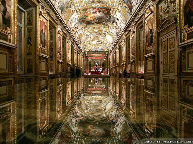 Long hallway gold ceiling red free wallpaper - medium preview image