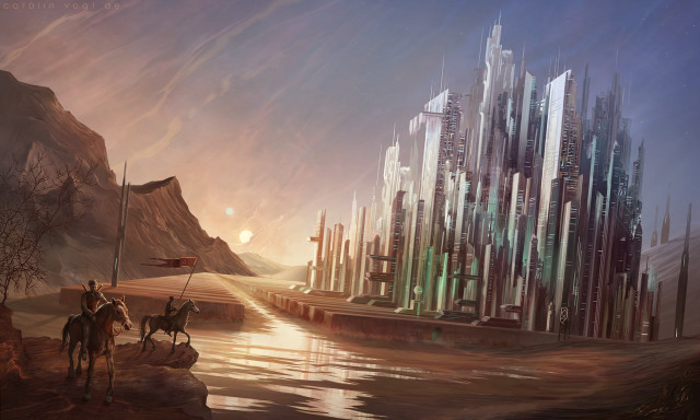 Man riding horse river city free wallpaper - medium preview image