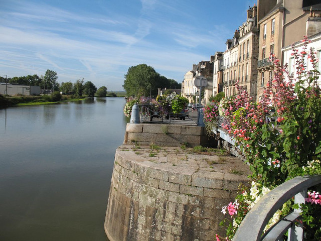 River flowers bridge buildings background free wallpaper - medium preview image