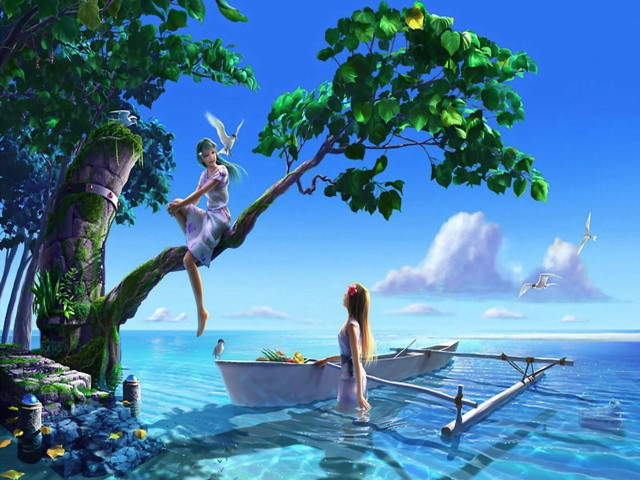 Girl sitting tree lake boat free wallpaper - medium preview image