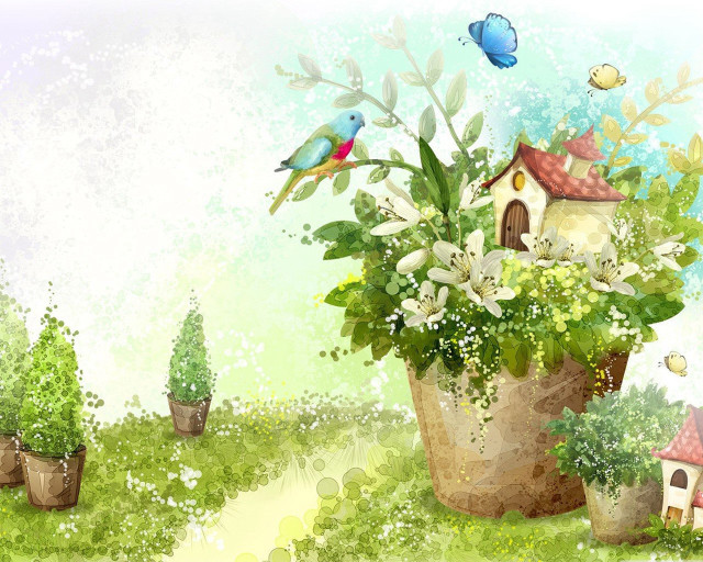Potted plant bird house flying free wallpaper - medium preview image