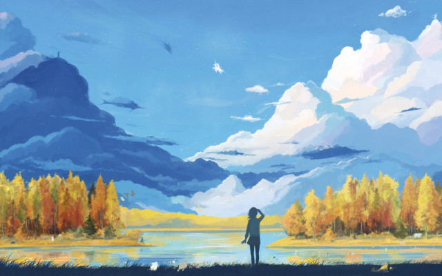 Person lake trees background clouds #2 free wallpaper - medium preview image