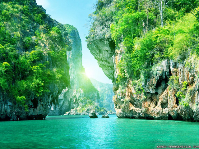Mountain water boat cliff view free wallpaper - medium preview image
